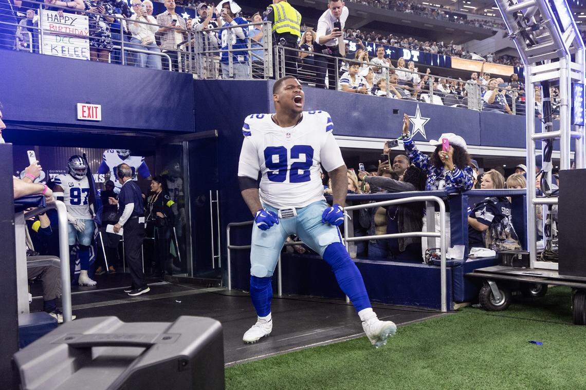 Cowboys defensive tackle Quinnen Williams (92) comes out of the tunnel prior to the first half of an NFL game between the Dallas Cowboys and the Philadelphia Eagles at AT&T Stadium in Arlington on Sunday, Nov. 23, 2025.