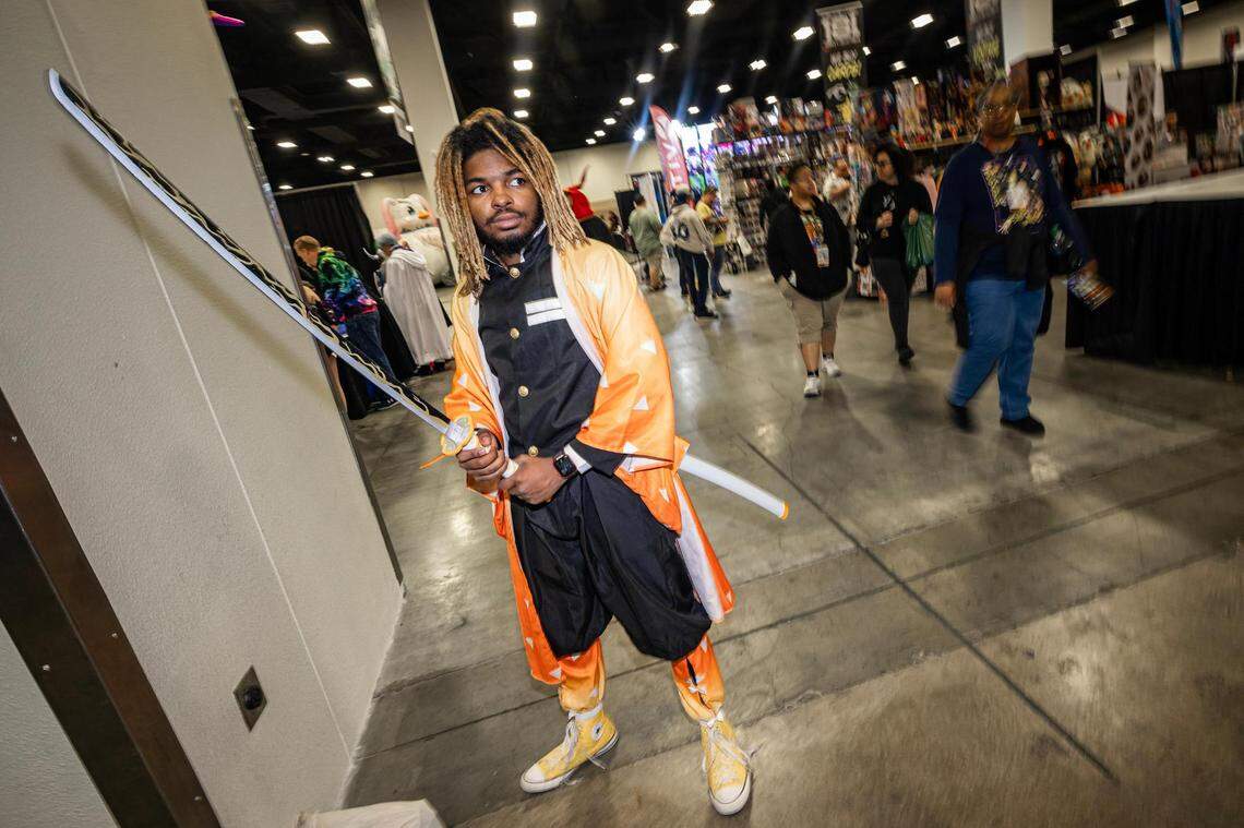 Isaiah Chapple, who is dressed as Zenitsu from “Demon Slayer,” is photographed in his cosplay for the Anime Frontier event at the Fort Worth Convention Center on Friday, Dec. 8, 2023.