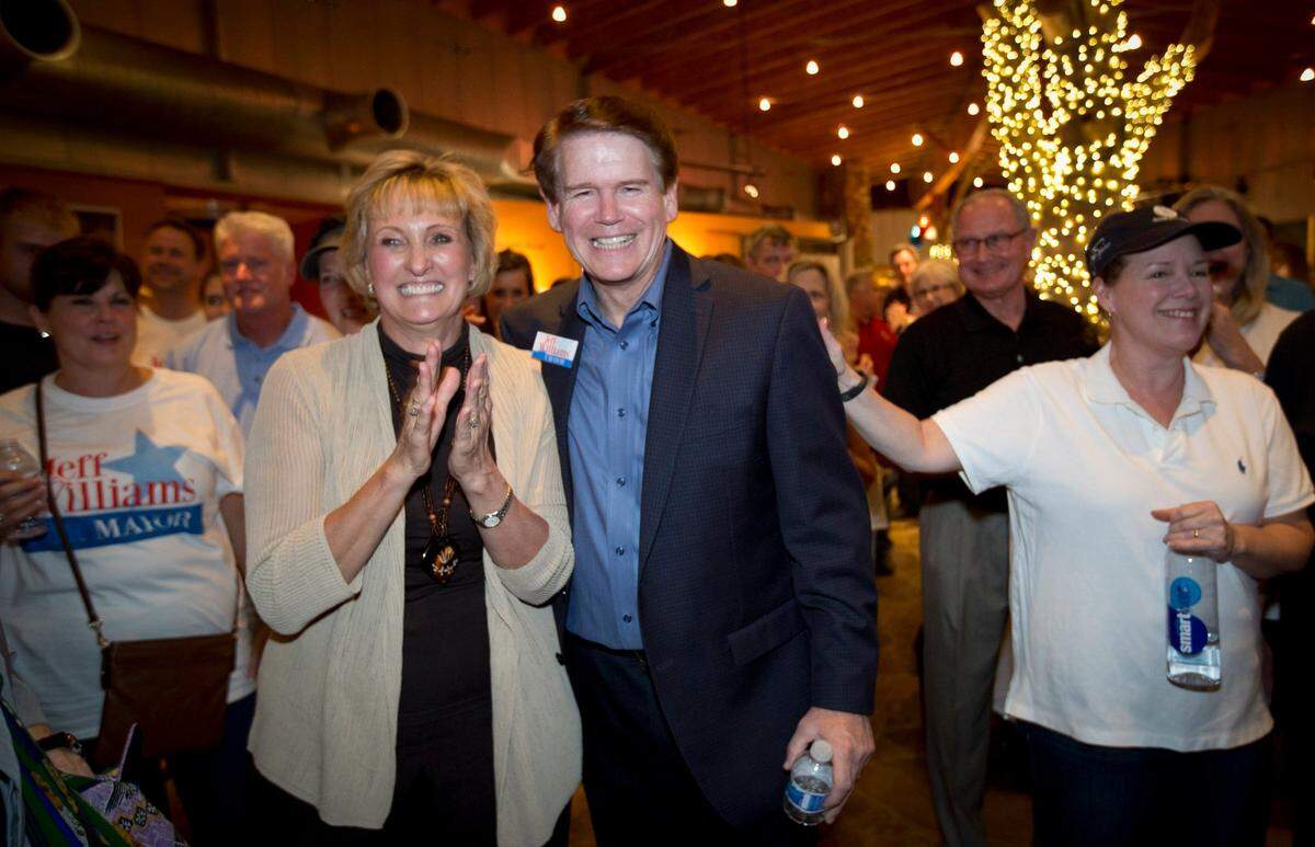 May 9, 2015: Arlington mayoral candidate Jeff Williams and his wife celebrate early returns at his election night watch party at River Legacy Living Science Center.