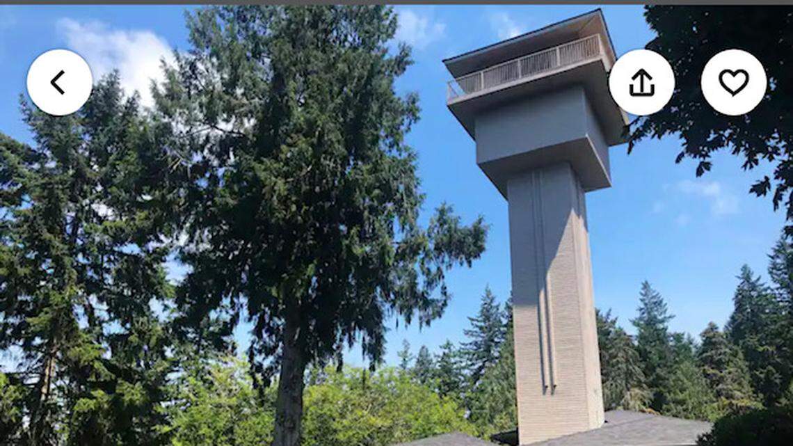 A vacation rental on Airbnb in Union, Washington, has a “skyroom,” which is a tower up 98 steps from the main house.