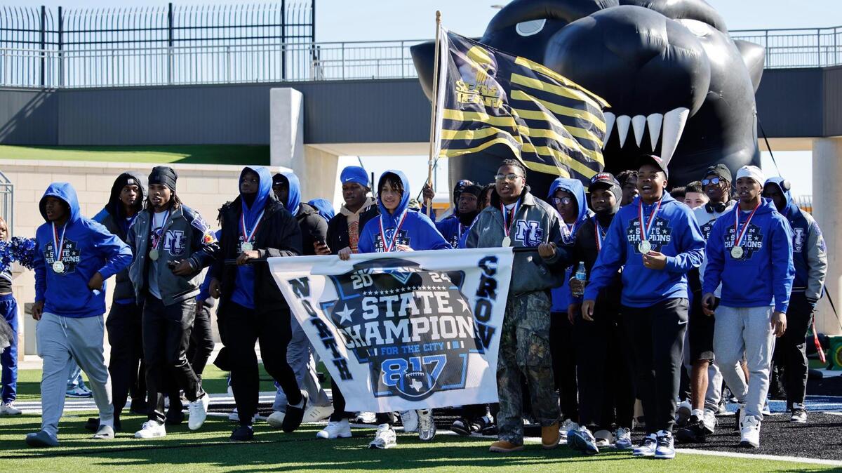 The North Crowley football team enters the field during the UIL 6A D1 Championship Parade at Crowley ISD Multi-purpose Stadium in North Crowley, Texas, Saturday, Jan. 18, 2025.