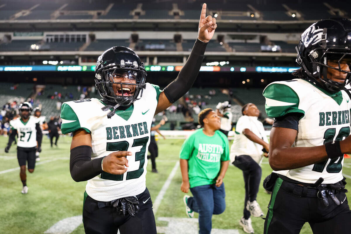Berkner linebacker Cayton Smith points his hand in the air while screaming in celebration after a 30-28 win over Arlington Bowie in a bi-district playoff game at Choctaw Stadium in Arlington, Texas on Nov. 14, 2025.