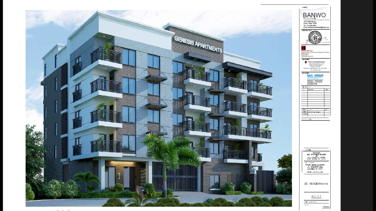 A screenshot of a five story apartment building rendering. 