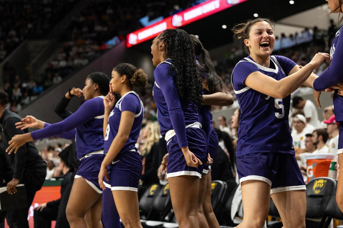 The TCU bench celebrates after guard Madison Conner makes a three-point shot in the second half of an NCAA game between TCU and Baylor at Foster Pavilion in Waco on Sunday, March 2, 2025.