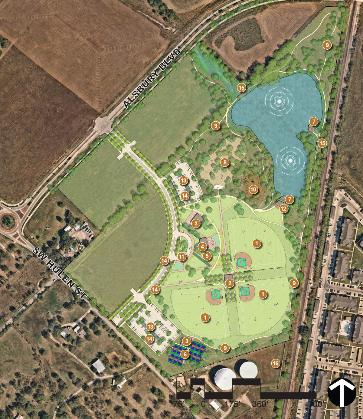A rendering showing additions set to come during the second phase of construction on the new Burleson community park located at SW Hulen St. and Alsbury Blvd. Park amenities will include a bandstand and food truck area.