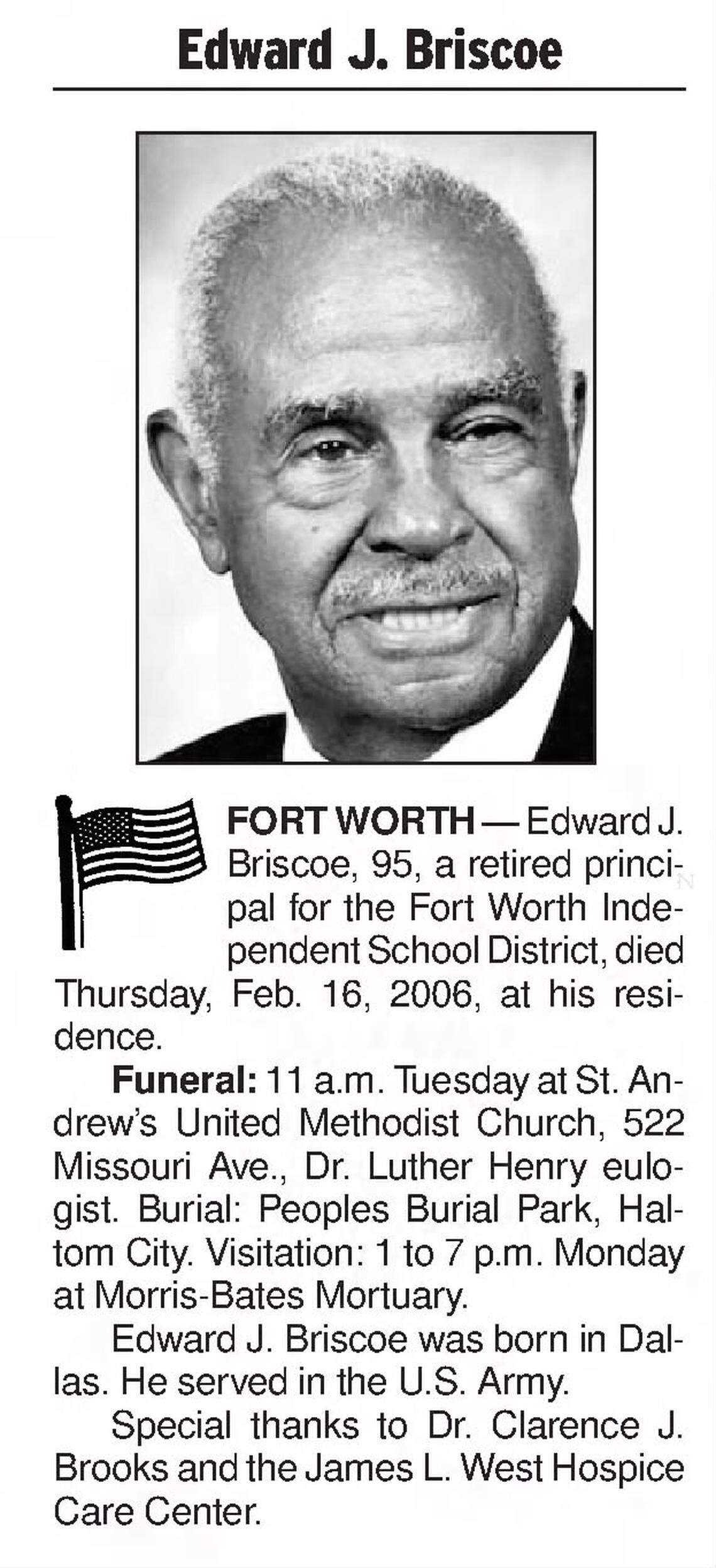 Edward J. Briscoe’s obituary in the Feb. 19, 2006, edition of the Fort Worth Star-Telegram.