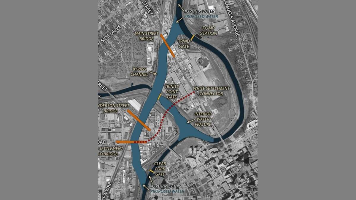 This map shows the route of the bypass channel that would create Panther Island, just north of downtown Fort Worth.