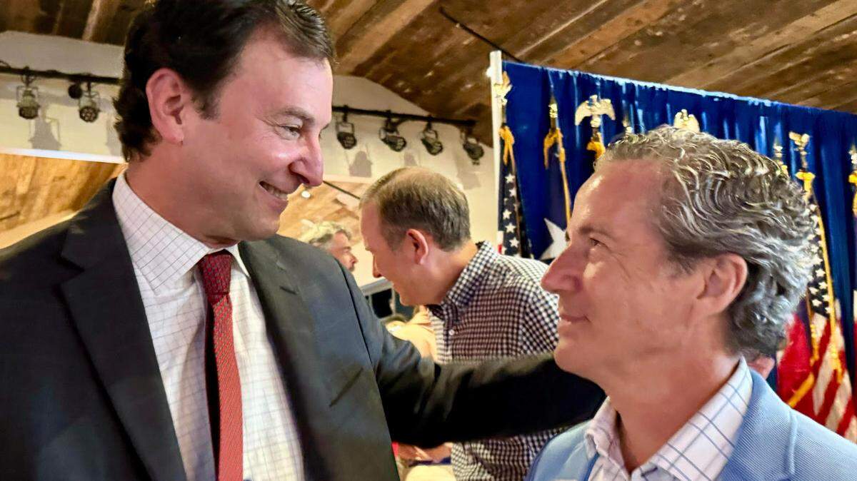 State Rep. ⁦‪Craig Goldman left, is greeted by Sen. Kelly ⁦Hancock‬⁩ at Goldman’s victory party at Courtside Kitchen in Fort Worth on Tuesday, May 28, 2024. Goldman opened a wide lead over banker John O’Shea.