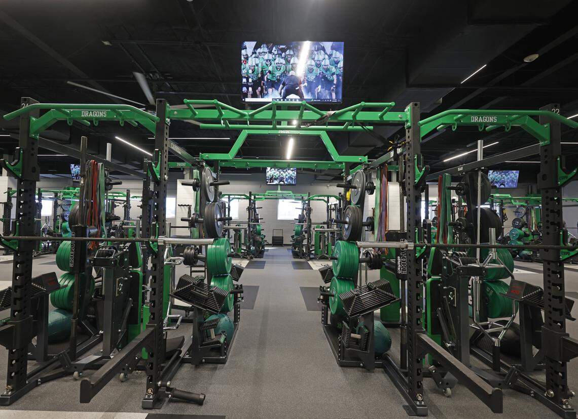 A wide view of Southlake Carroll’s weight room