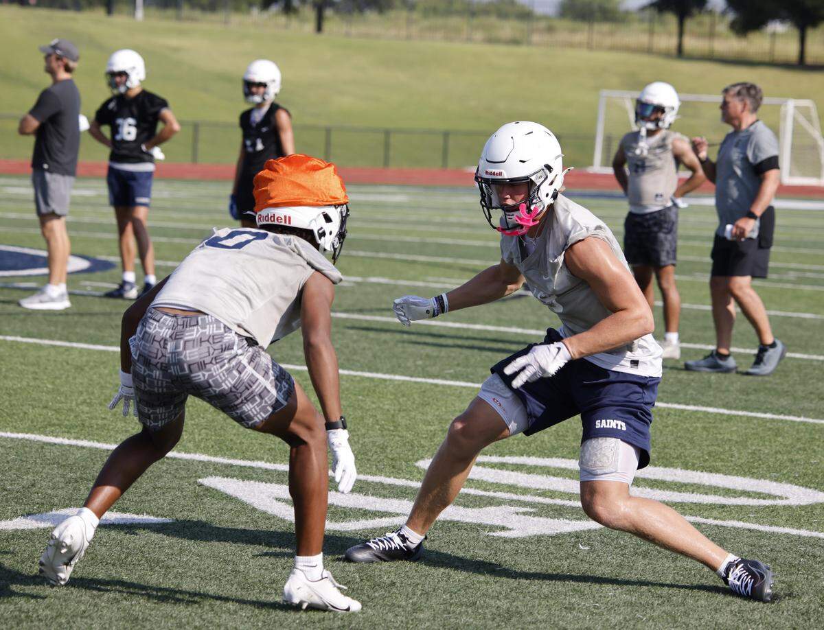 Senior cornerback Donovan Hollis works against Hudson Reasor at drills during the first practice of 2025 for the All Saints in Fort Worth, Texas, Tuesday August, 05, 2025.