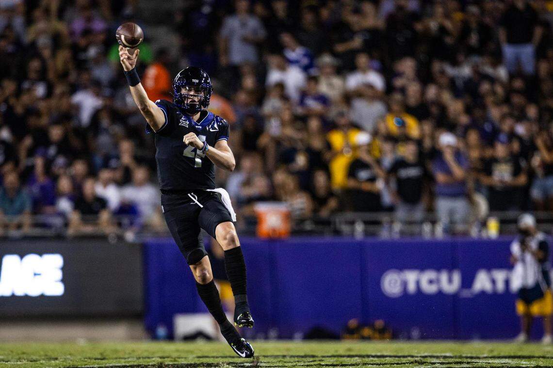TCU quarterback Chandler Morris (4) throws a pass in the second half of a Big XII conference game between the TCU Horned Frogs and the West Virginia Mountaineers at Amon G. Carter Stadium in Fort Worth on Saturday, Sept. 30, 2023. The Horned Frogs lost 24-21.