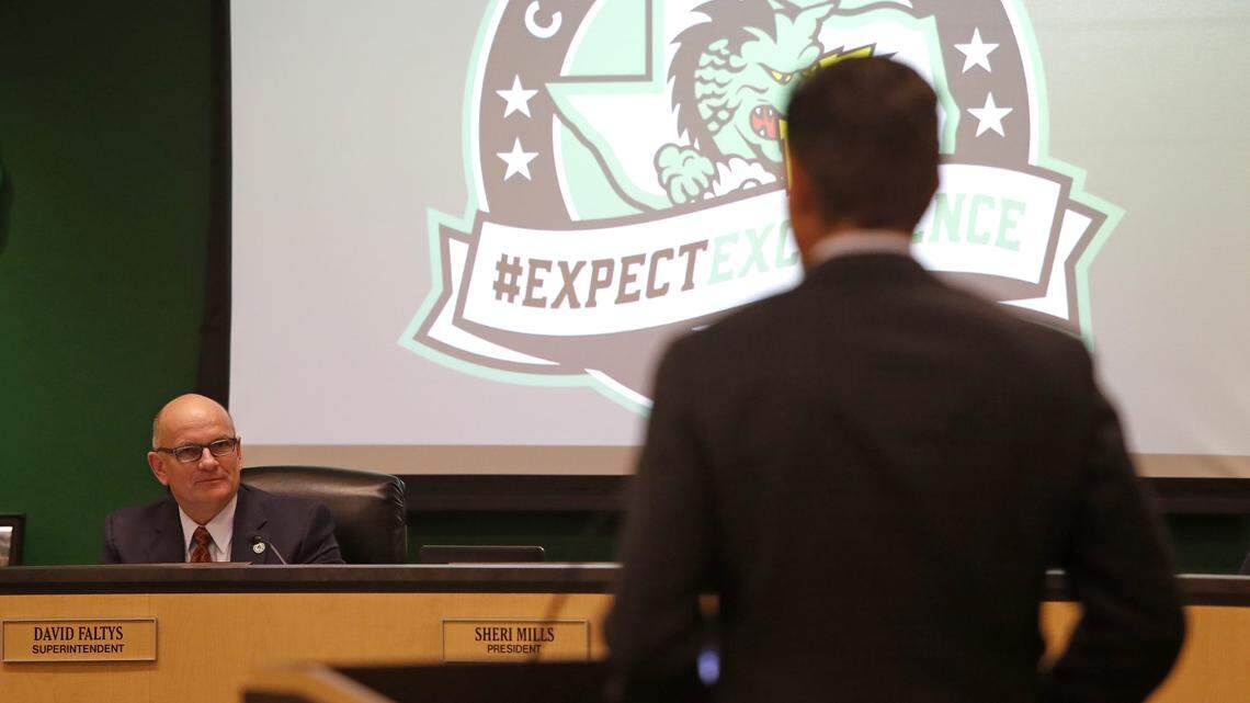 Southlake Carroll ISD superintendent David Faltys listens to a speaker in support of head coach Hal Wasson during a Carroll ISD School Board Meeting Monday February 05, 2018. Board members heard remarks concerning Carroll Senior High School head football coach Hal Wasson.