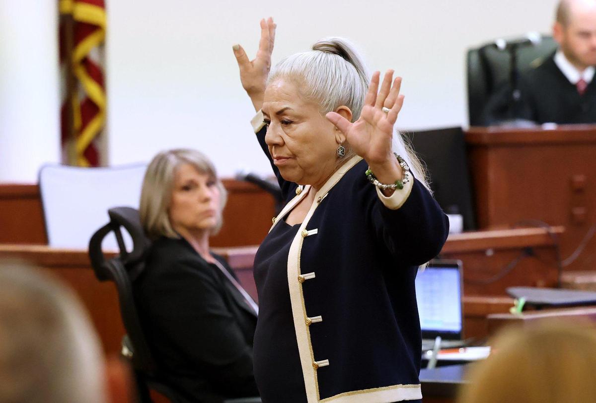 Assistant Criminal District Attorney Rose Anna Salinas gives the opening statement for the state during the attempted capital murder trial of defendant Timothy Simpkins held in the 371st District Court on Monday, July 17, 2023, in Fort Worth. Simpkins is accused of shooting three people in October 2021 at Timberview High School in Arlington.