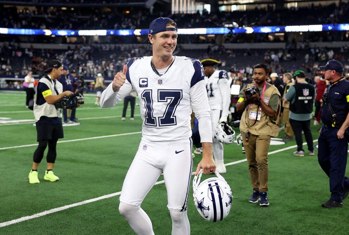 Dallas Cowboys kicker Brandon Aubrey gives a thumbs up while leaving the field after helping to defeat the Washington Commanders on Sunday, Oct. 19, 2025 at AT&T Stadium in Arlington. Aubrey set a record for the most field goals from 60 yards or more after making a 61-yard field goal.
