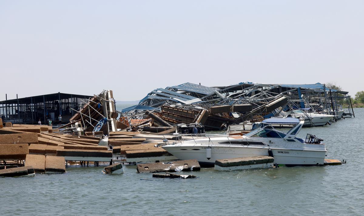 Severe storms damaged multiple boat slips at Ray Roberts Marina in Sanger on Sunday, May 26, 2024.