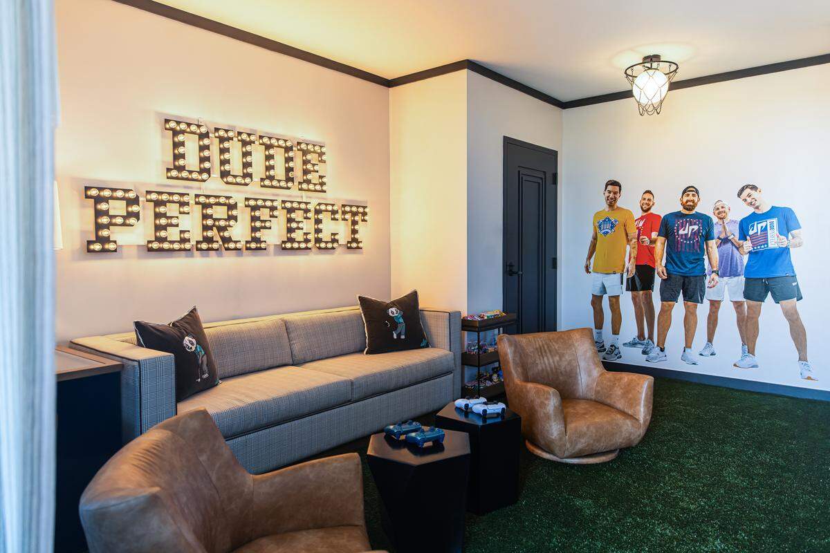 The family room in the limited time Dude Perfect suite at the Omni PGA Frisco Resort and Spa.