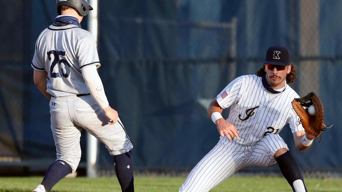 Eaton third baseman Xavier Casserilla (25) gets back to first to beat the throw to Keller first baseman Gray Rowlett (21) during a 4-6A high school baseball game at Keller High School Baseball Field in Keller, Texas, Tuesday, March 23, 2021. Keller defeated Eaton 13-3 in four and 1/2 innings. (Special to the Star-Telegram Bob Booth)