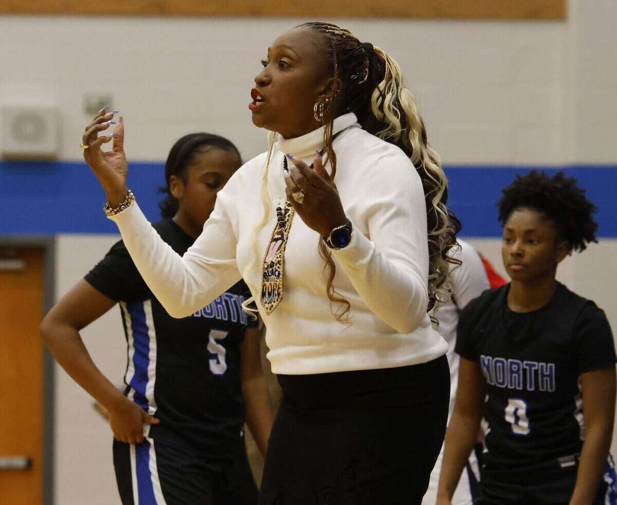 North Crowley head coach Lori Shead reacts to a call against Allen during the first half of a UIL Class 6A Division I girls regional semifinals basketball playoff game at Grand Prairie High School in Grand Prairie, Texas, Tuesday Feb. 24, 2026.