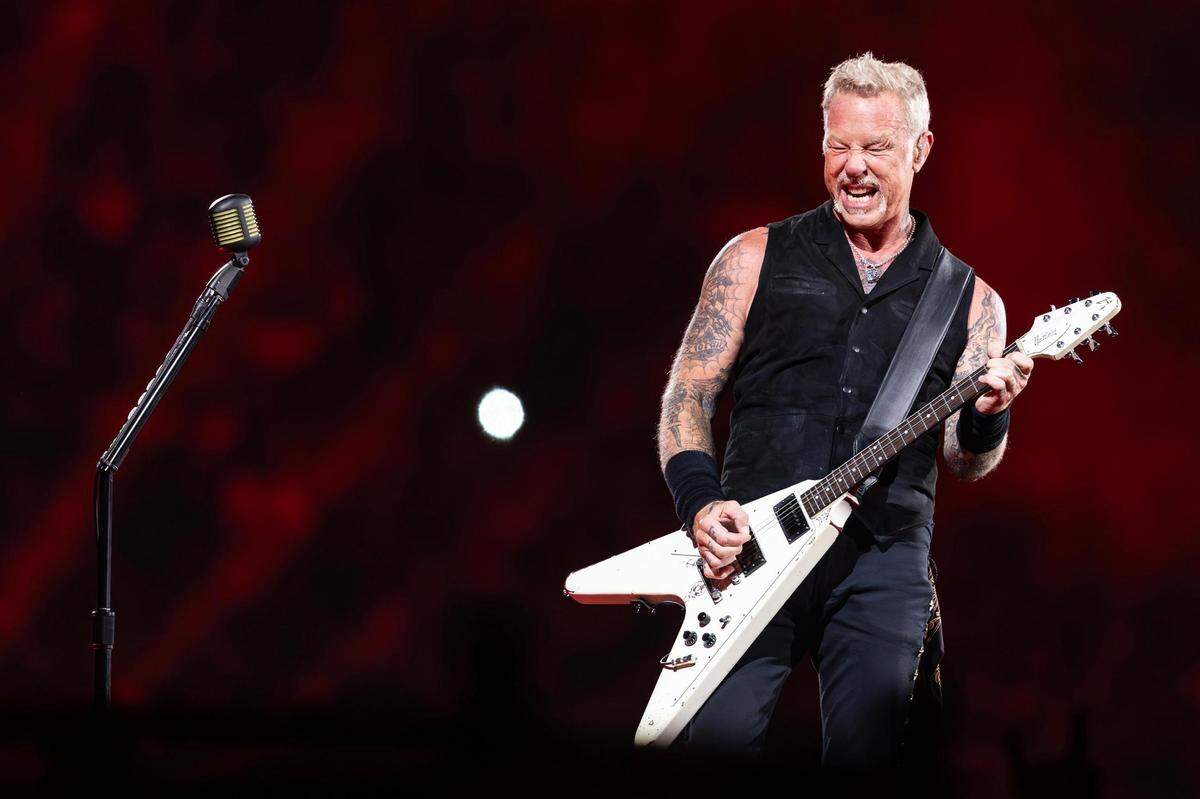 Lead vocalist James Hetfield performs during the Metallica: M72 World Tour concert at AT&T Stadium in Arlington, Texas on Friday, Aug. 18, 2023.