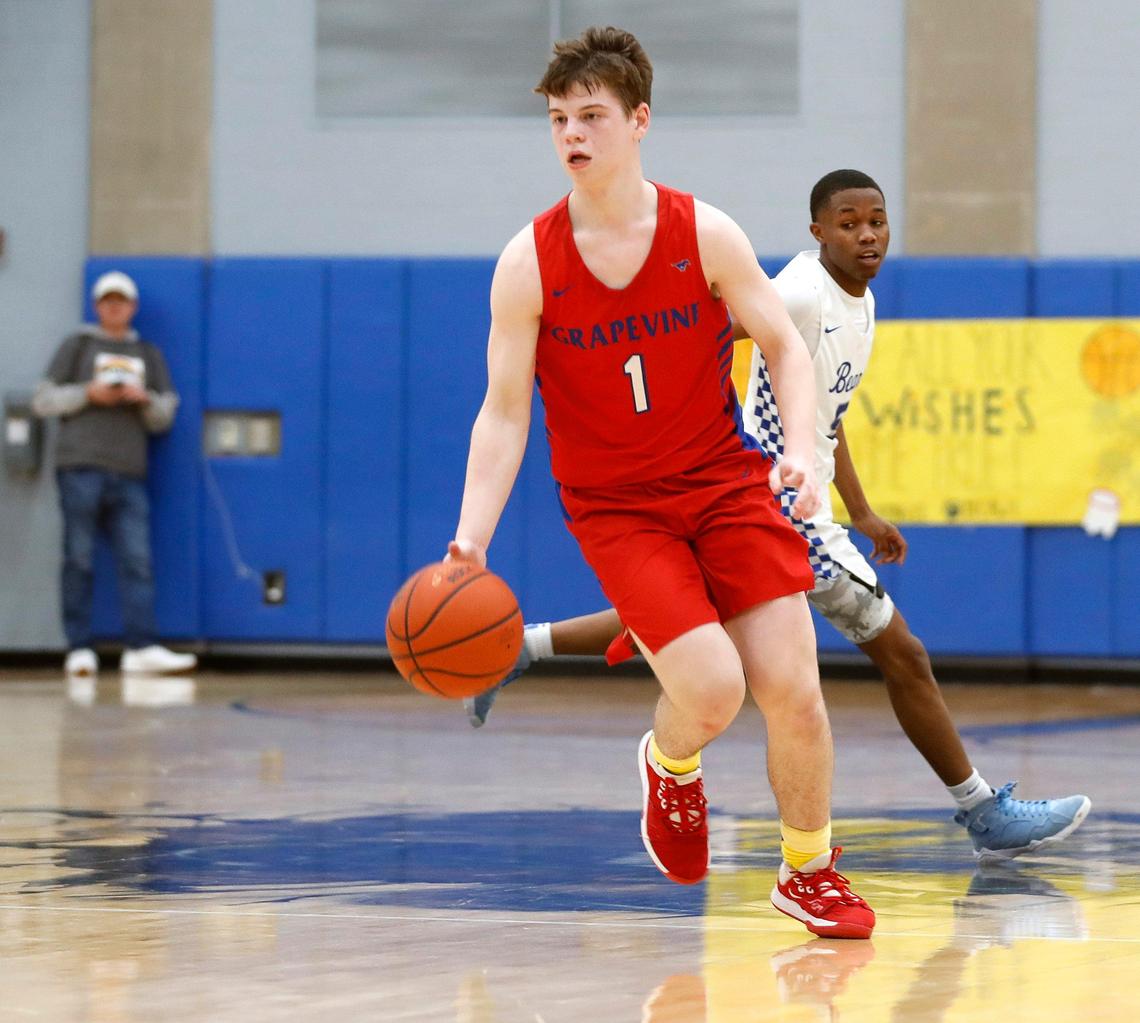 Grapevine’s Jackson Waggoner (1) brings the ball down court in the second half of a high school basketball game at Brewer High School in White Settlement, Texas, Friday, Feb. 14, 2020. Grapevine defeated Brewer. (Special to the Star-Telegram Bob Booth)