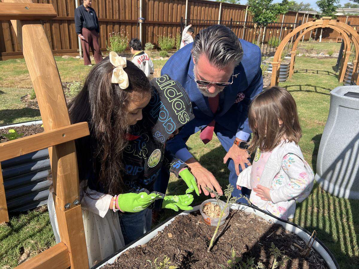 Fort Worth City Council member Michael Crain looks at ladybugs with children enrolled at the Child Care Studio at Rise in Fort Worth’s Las Vegas Trail neighborhood on May 7, 2026.