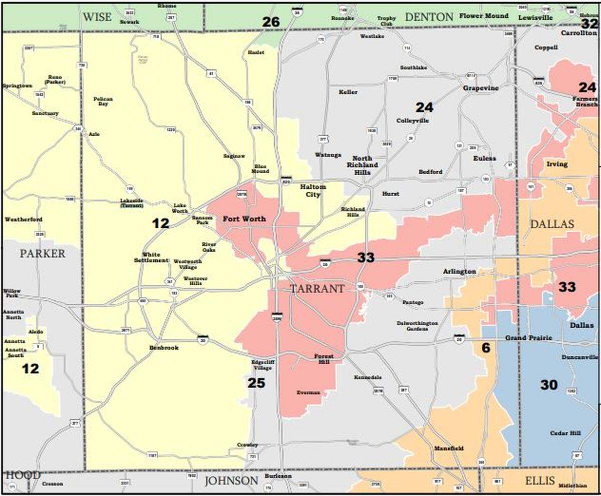Pictured are the proposed boundaries for Tarrant County’s state Senate districts. The compromise map must be approved by the House and Senate before being sent to Gov. Greg Abbott.
