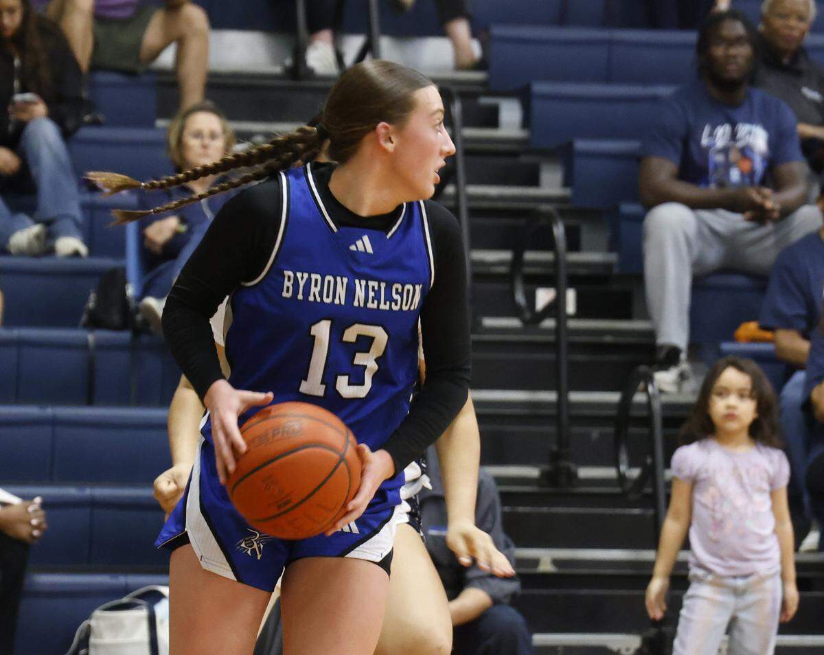 Byron Nelson guard Berkley Smith (13) looks to get the ball our of the defensive side against L.D. Bell during the first half of a girls UIL basketball game between Byron Nelson and L.D. Bell at L.D. Bell High School in Hurst, Texas, Friday Feb. 06, 2026