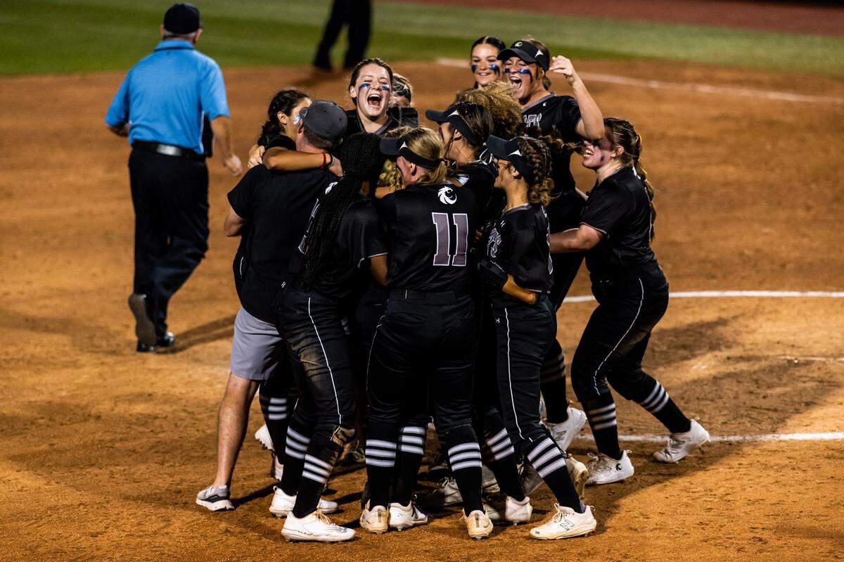 Denton Guyer celebrates after defeating Cypress Bridgeland in a Class 6A state semifinal on Friday, June 2, 2023 at McCombs Field in Austin, TX.