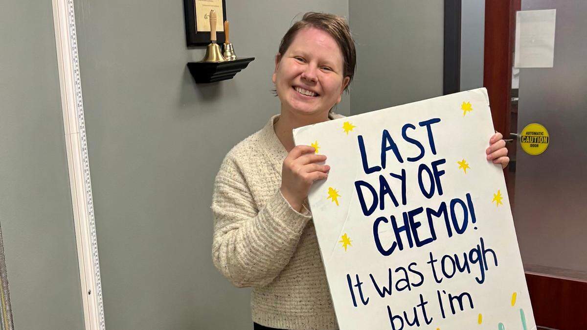 Fort Worth Star-Telegram Reporter Eleanor Dearman celebrates completing her final chemotherapy appointment on April 1, 2024.
