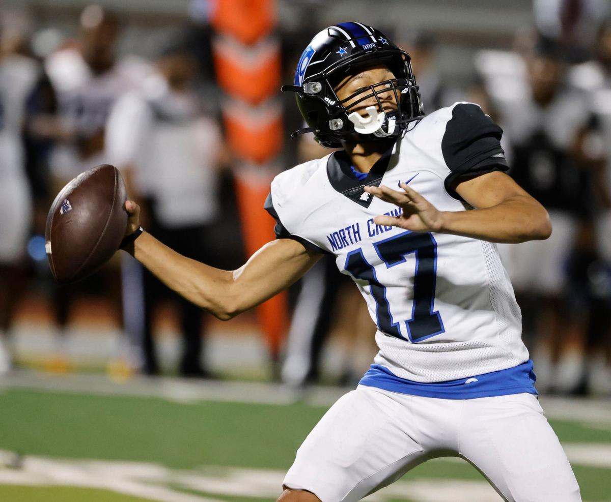 North Crowley quarterback Chris Alexander (17) throws in the fourth quarter during a UIL 6A Conference football game at Wilkerson-Sanders Memorial Stadium in Rockwall Texas, Thursday, Sept. 19, 2024.