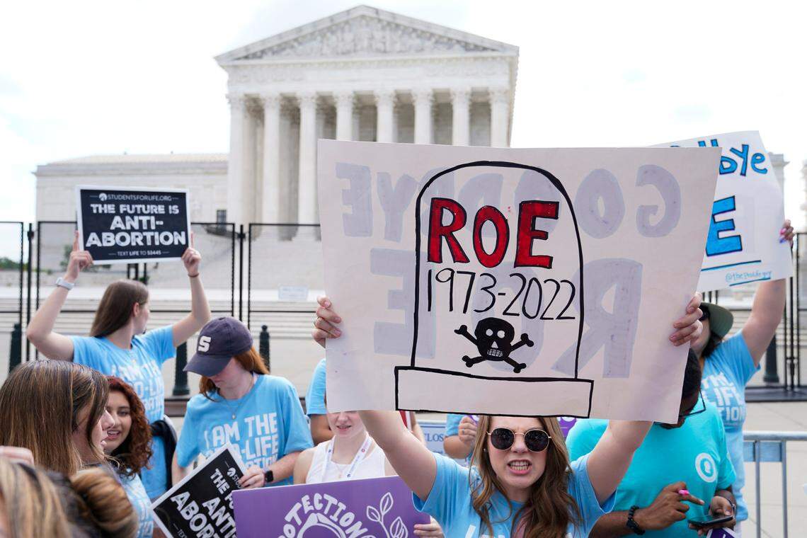 Demonstrators protest about abortion outside the Supreme Court in Washington, Friday, June 24, 2022.&nbsp;