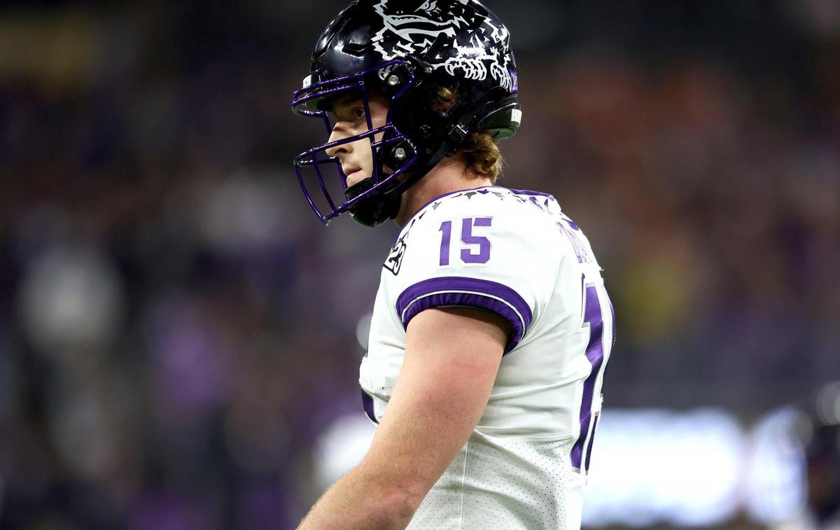 TCU quarterback Max Duggan reacts after failing to convert on a third down during the first half the 2023 College Football Playoff National Championship on Monday, January 9, 2023, at SoFi Stadium in Inglewood, Calif.