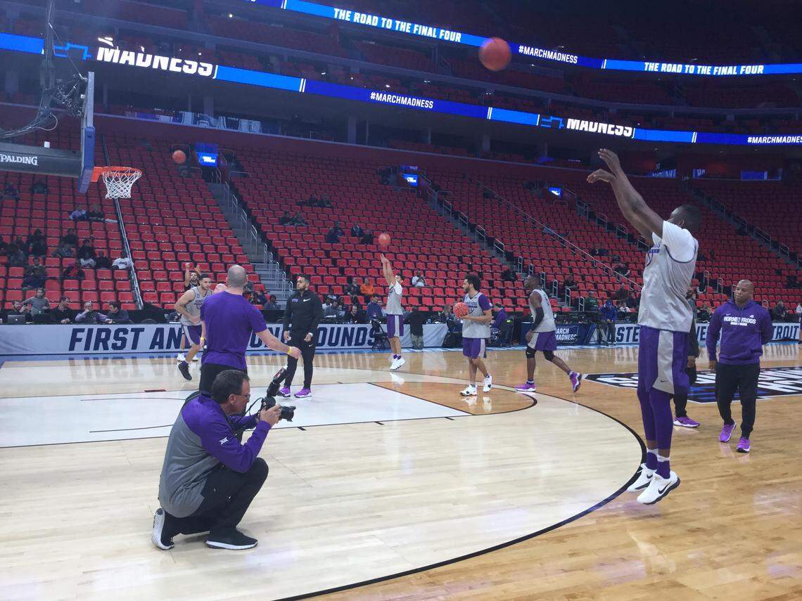 TCU men's basketball went through a 40-minute shoot around on the floor at Little Caesars Arena on Thursday afternoon in advance of the Horned Frogs' NCAA Tournament opener against Syracuse Friday night.