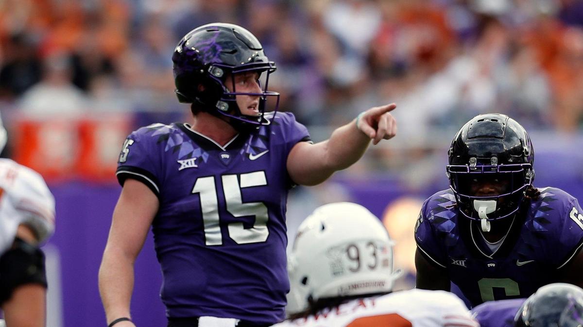 TCU quarterback Max Duggan (15) and the Frogs hit the road for the first time this season at Texas Tech on Saturday. The Frogs have won 44 games on the road since 2009.