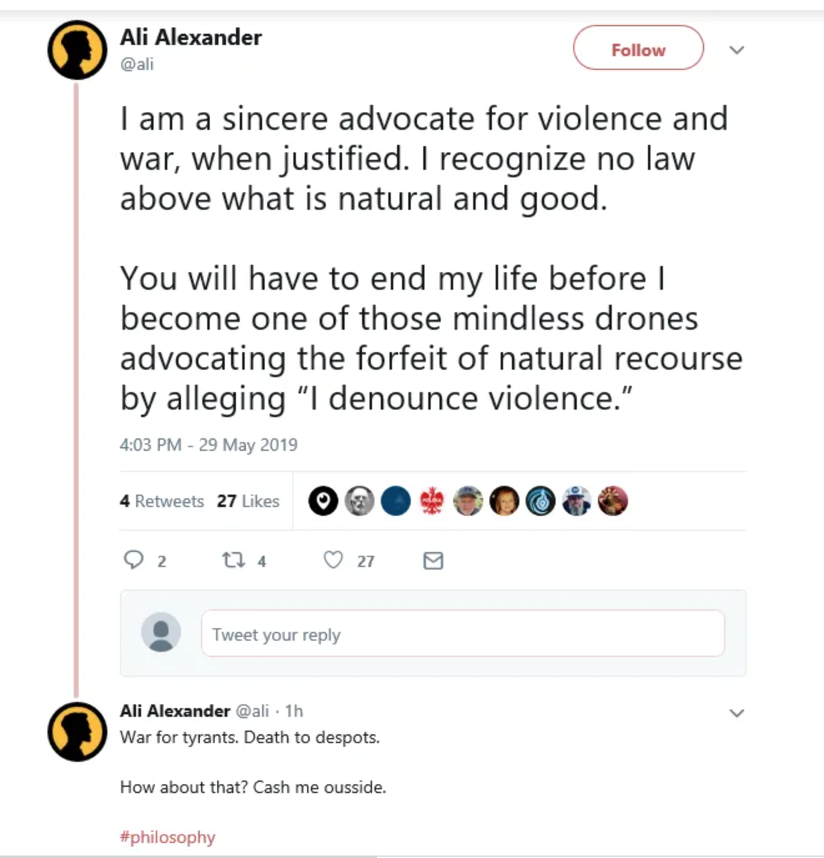 Ali Alexander tweeted that he is a “sincere advocate for violence and war” in 2019. Alexander was a key organizer of the Jan. 6 “Stop the Steal” rally, which resulted in a storming of the U.S. Capitol and five deaths.