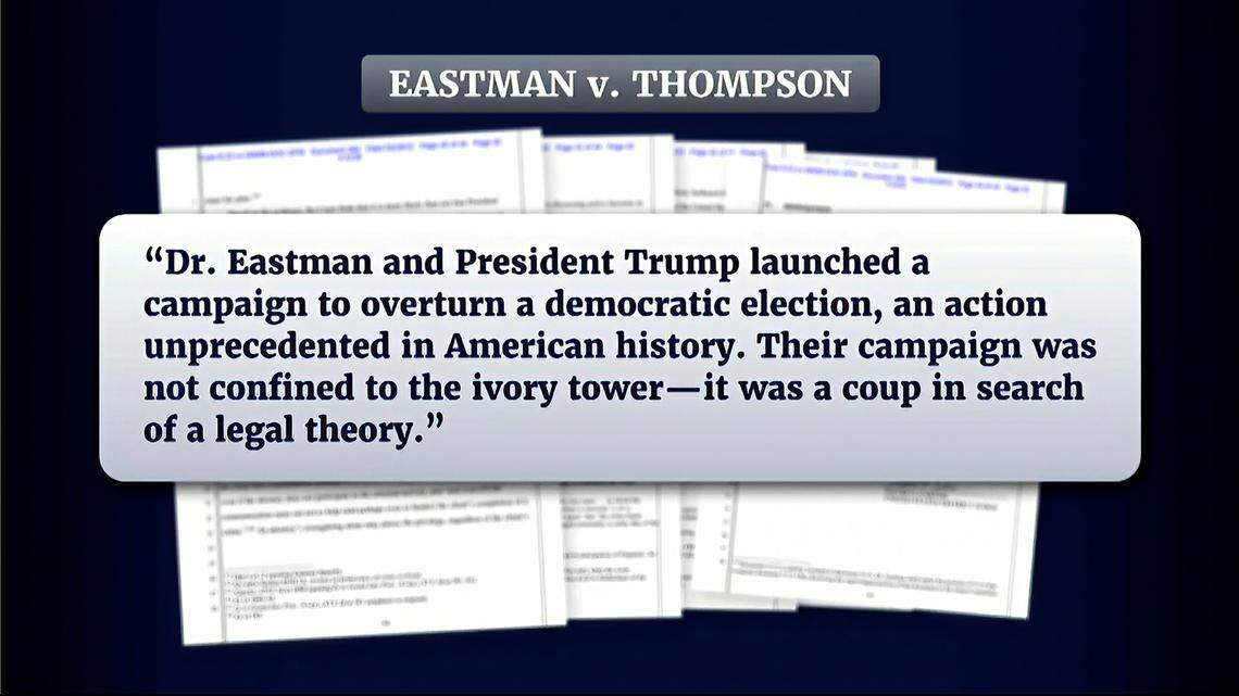 In this image from video released during the House Select Committee Jan. 6 hearing Thursday, an exhibit is displayed showing former President Donald Trump’s legal advisor John Eastman was at the center of the ‘stop the steal’ conspiracy, which helped instigate the insurrection attempt.