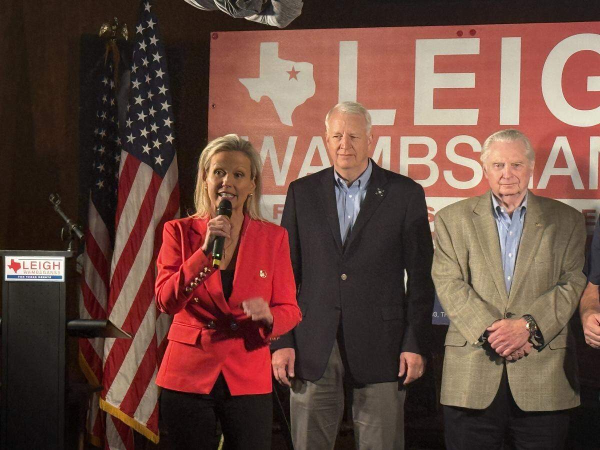 Republican Leigh Wambsganss speaks to supporters at Niki’s Italian Bistro in North Richland Hills after she advanced to a runoff for the District 9 Senate seat on Nov. 4, 2025. She was joined by District Attorney Phil Sorrells and District Clerk Tom Wilder.