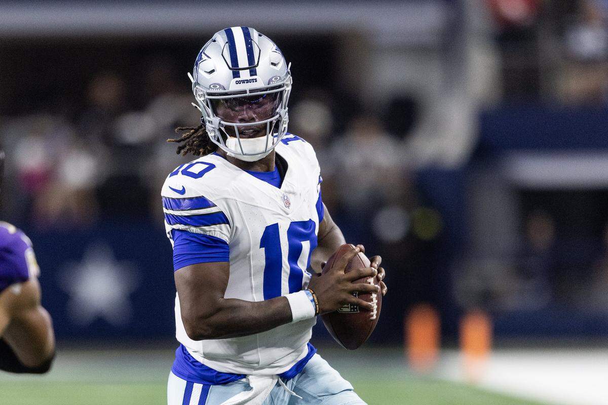 Cowboys quarterback Joe Milton (10) escapes the pocket in the second half of an NFL preseason game between the Dallas Cowboys and the Baltimore Ravens at AT&T Stadium in Arlington on Saturday, Aug. 16, 2025,