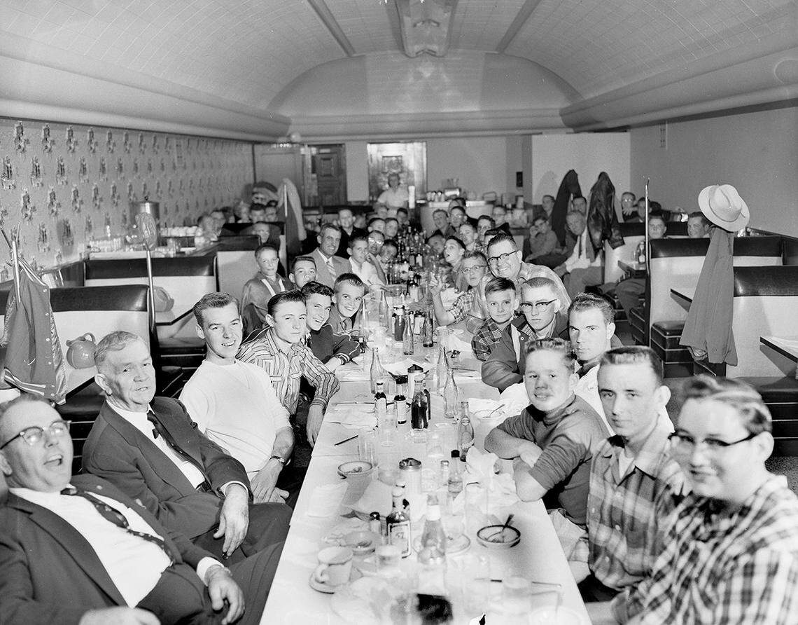 Oct. 11, 1958: Anders Restaurant No. 1. This event was for 50 out-of-town Star-Telegram carrier salesmen and 10 country dealers who were treated for gaining the most subscriptions in their hometowns during a contest. At extreme left is James M. Grace, Star-Telegram country circulation manager.