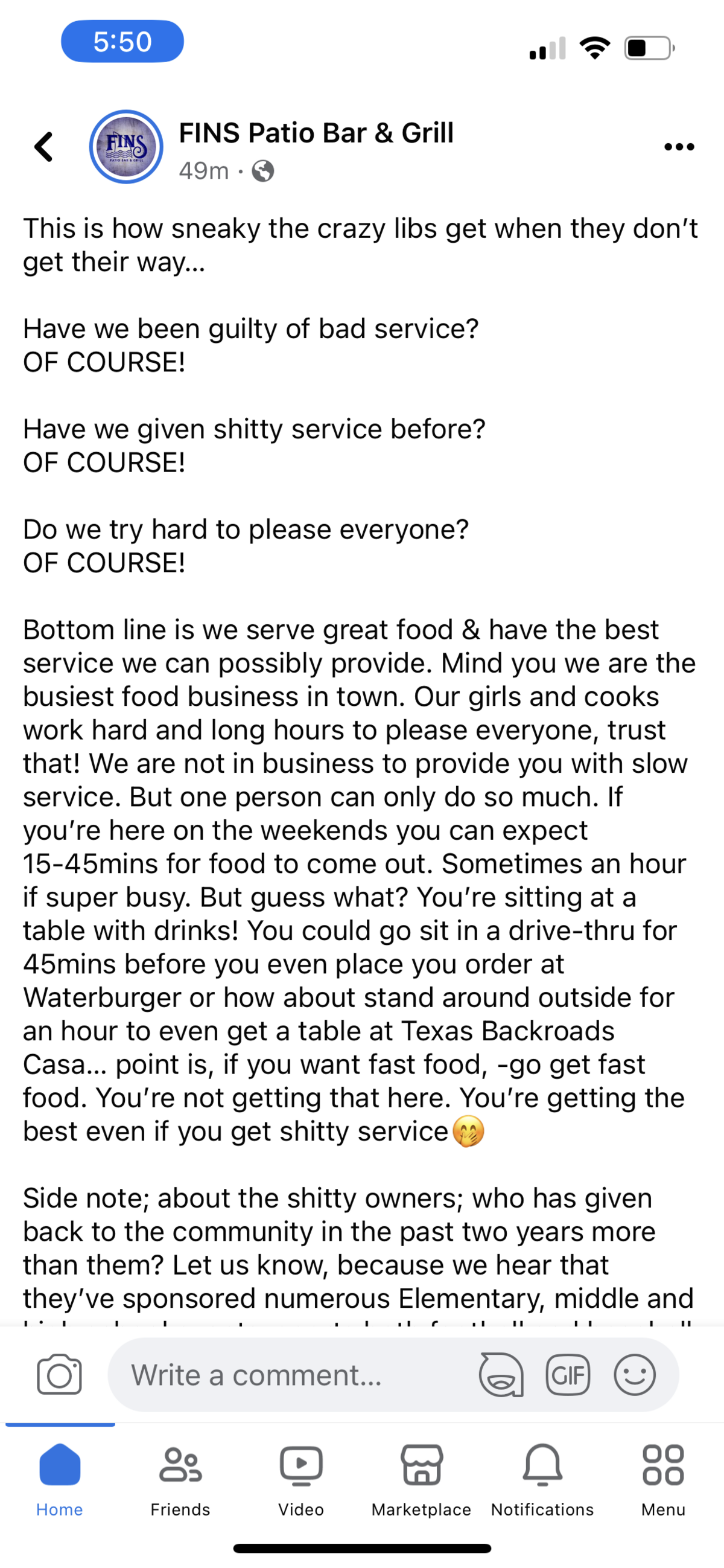 A post on Facebook from the FINS Bar & Grill account.