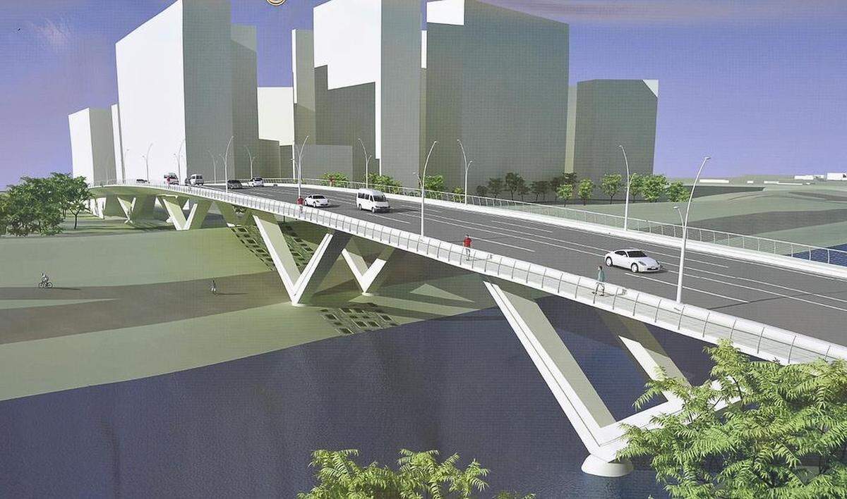 Artist drawing of Panther Island bridge featuring signature V-pier.