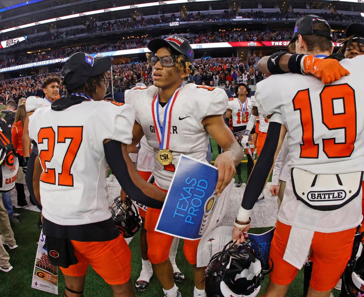 Gilmer running back and game offensive MVP Will Henderson celebrates with team mates after the UIL Conference 4A Division 2 state championship football game at AT&T Stadium in Arlington, Texas, Friday, Dec. 15, 2023.