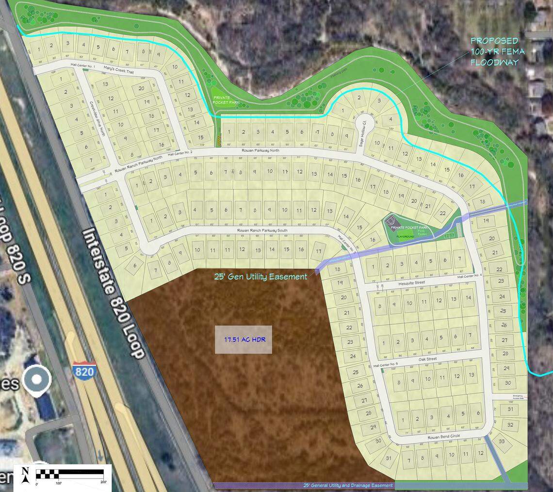 A map showing the proposed Rowan Ranch development in Benbrook. Corey Waldrop’s company, Motiv Ventures, is behind the project. The image shows where future homes would be situated in proximity to Mary’s Creek.