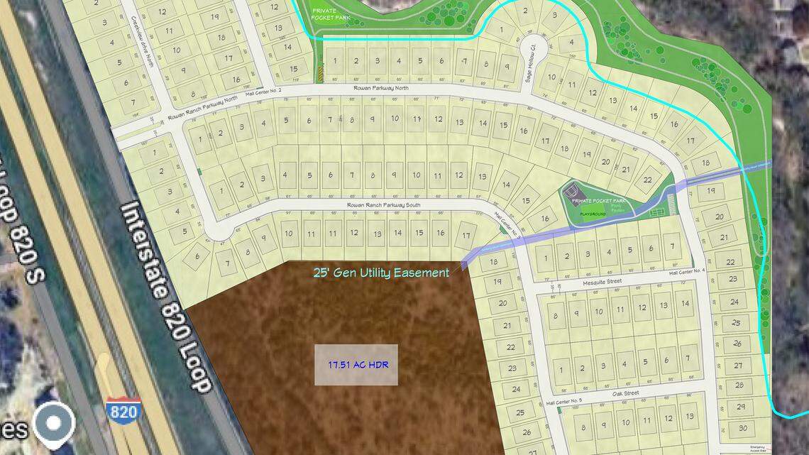 A map showing the proposed Rowan Ranch development in Benbrook. Corey Waldrop’s company, Motiv Ventures, is behind the project. The image shows where future homes would be situated in proximity to Mary’s Creek.