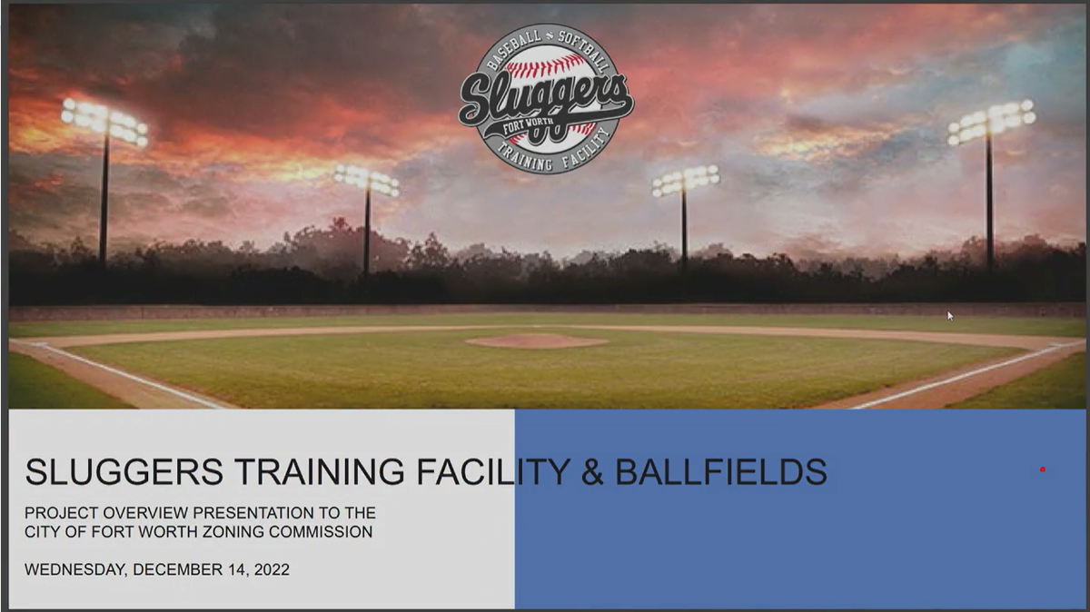 A presentation slide showing a youth baseball field, with the logo of Sluggers Baseball and Softball Training Facility