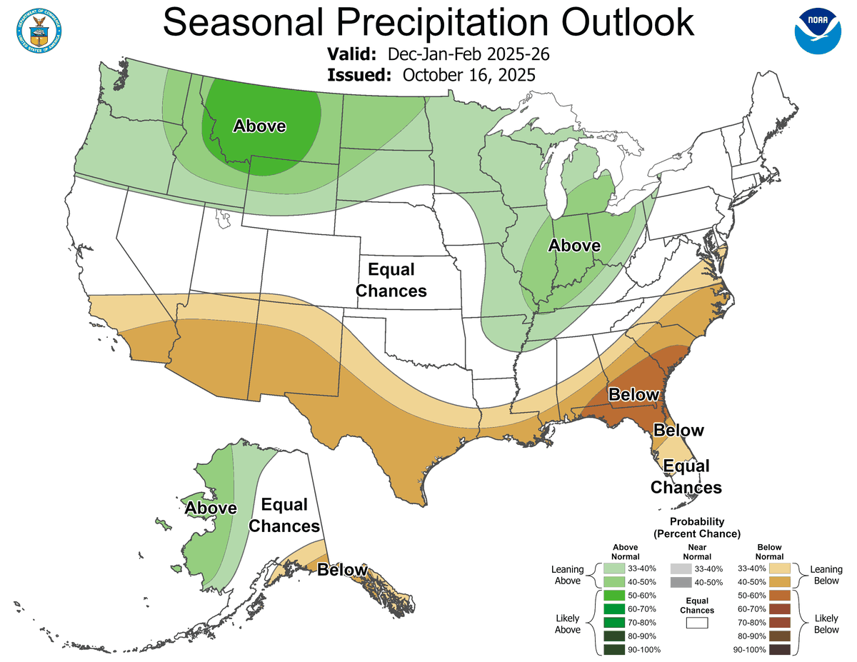 The seasonal precipitation outlook for the U.S. from December 2025 to February 2026.