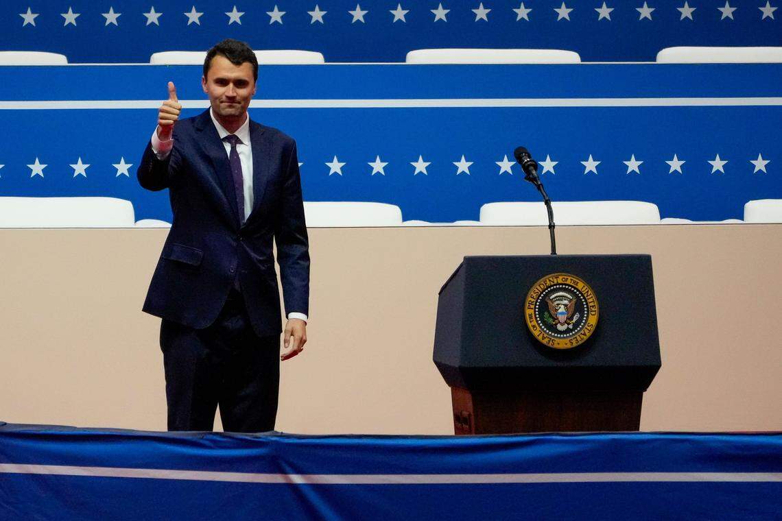 Charlie Kirk speaks during the inauguration rally for President Donald Trump in Washington on Jan. 20.