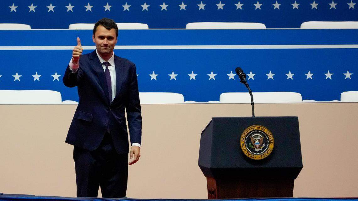 Charlie Kirk speaks during the inauguration rally for President Donald Trump at Capital One Arena in Washington D.C., Monday, Jan. 20, 2025. Kirk spoke about “no more critical-race theory and diversity equity and inclusion in the military” in celebrating the election of Trump. Kirk was assassinated Wednesday, Sept. 10, 2025, in Orem, Utah.