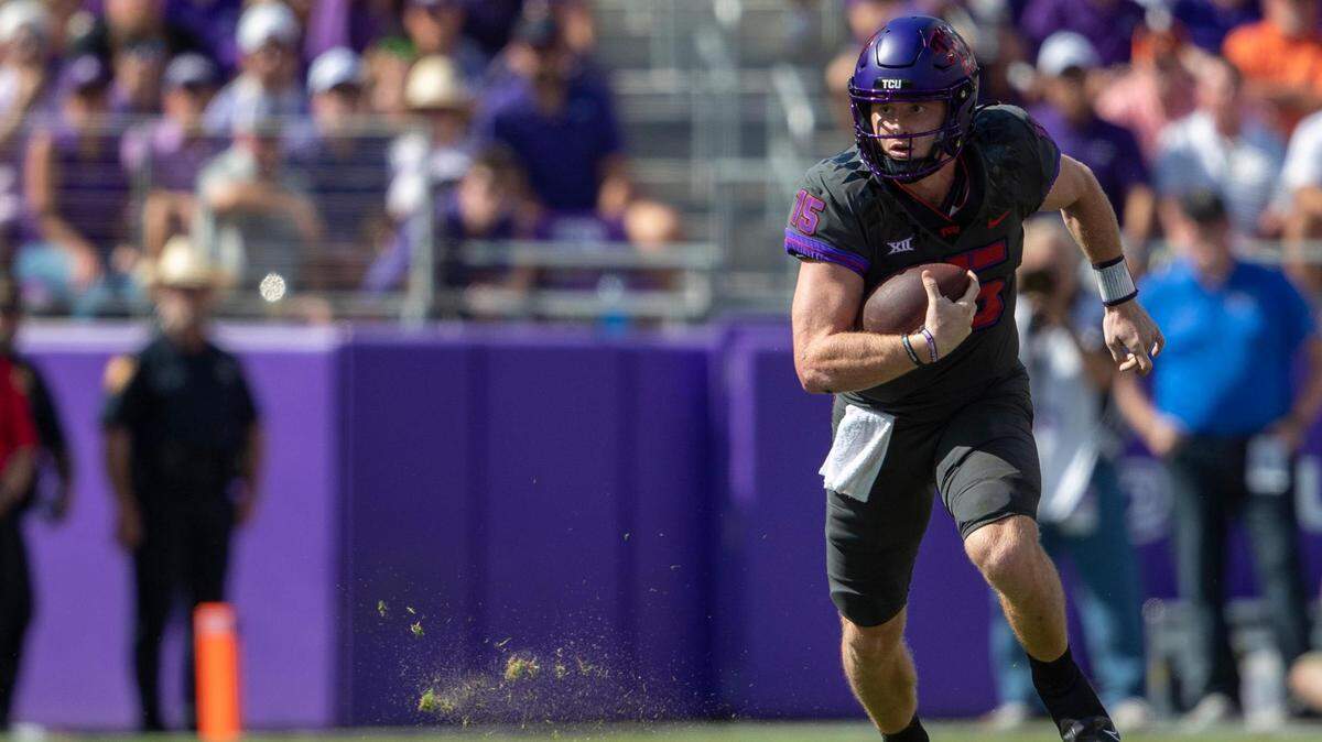 TCU quarterback Max Duggan will lead the Horned Frogs against Kansas State in a Big 12 college football game on Saturday at 8 p.m. on FS1.