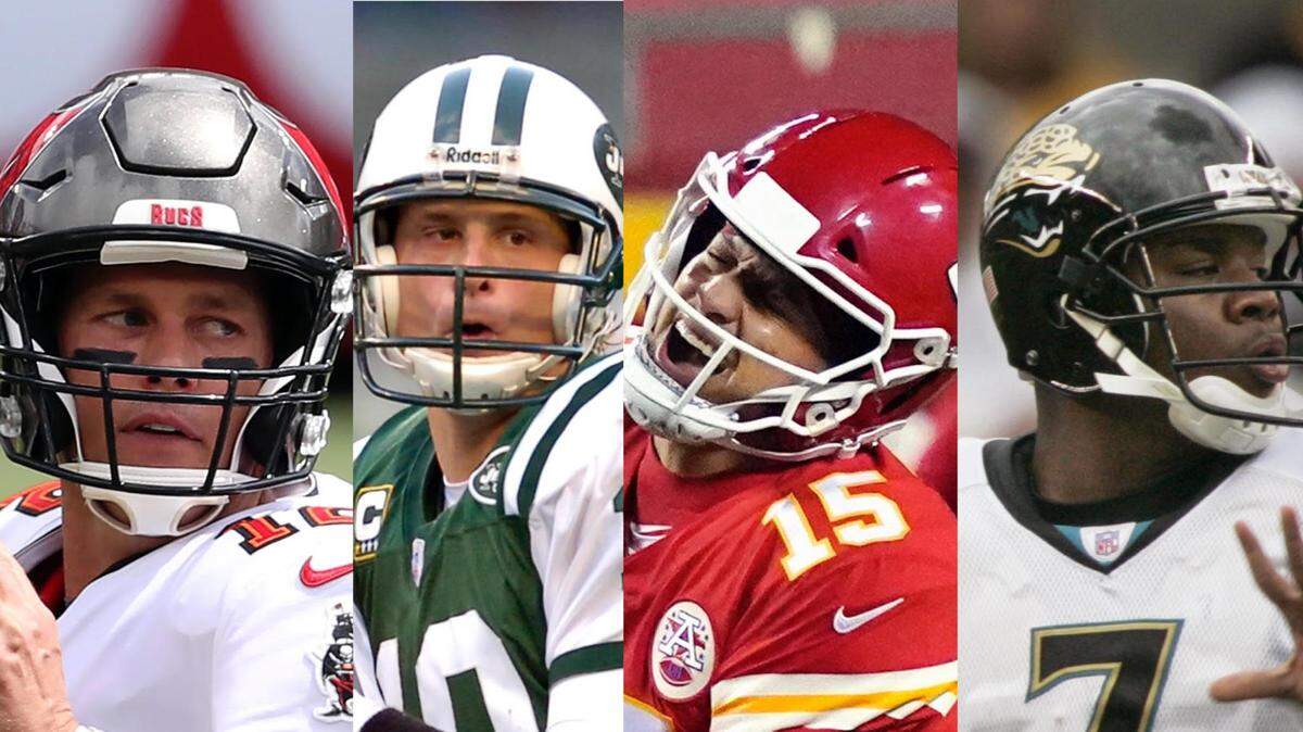 Tom Brady’s incredible career: Chad Pennington (second) was the first QB selected in the 2000 NFL Draft, the draft where Brady was selected 199th overall. Brady’s opponent in Super Bowl LIV is Patrick Mahomes (third) of the Chiefs, who was born 18 years after Brady. Brady’s offensive coordinator is former Jaguars QB Byron Leftwich (fourth), whom Brady defeated in 2003.